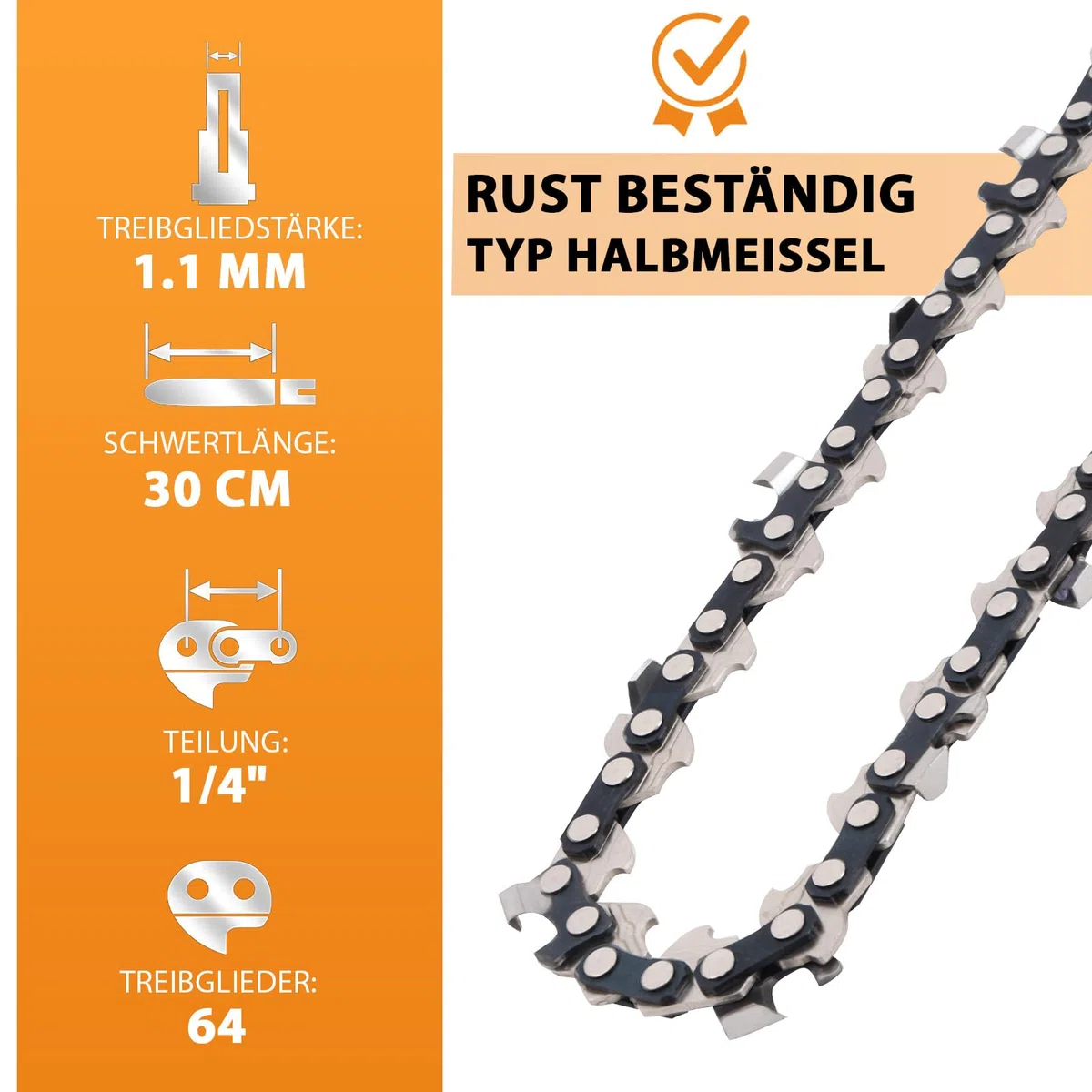 Catena per motosega da 30 cm, passo 1,1 mm, 64 maglie, compatibile con motoseghe Stihl 3670 000 0064 MSA 160 ms, MSA 60, MSA 70, MSA 120, MSA 140, MSA 160, MSA 200, MS 151