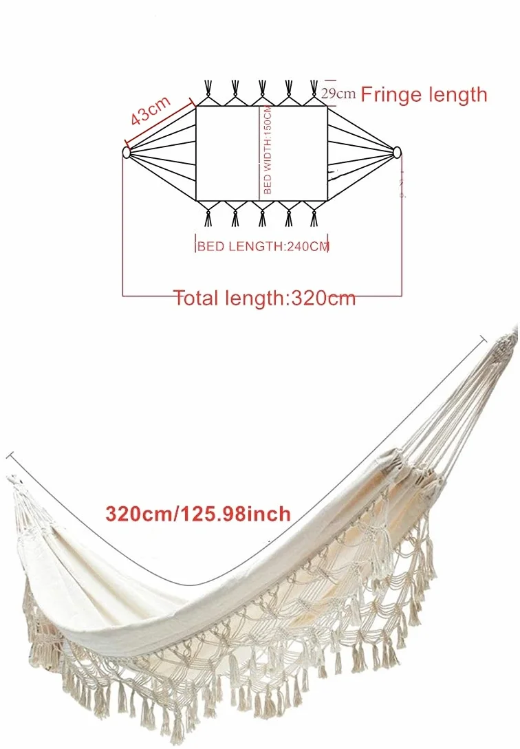 Amaca da esterno Campeggio Amaca da giardino Letto in cotone Amache con frange in macramè Amacas balcone Boho con nappe fatte a mano Amac doppia Giardino dietro la casa Spiaggia Terrazza