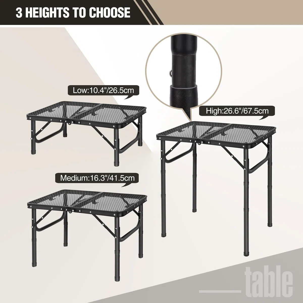 REDCAMP Tavolo da barbecue portatile con scrivania in rete, 60 x 40cm Tavolo da campeggio pieghevole leggero per cucinare in campeggio BBQ RV Picnic, facile da montare con scavate regolabili, nero
