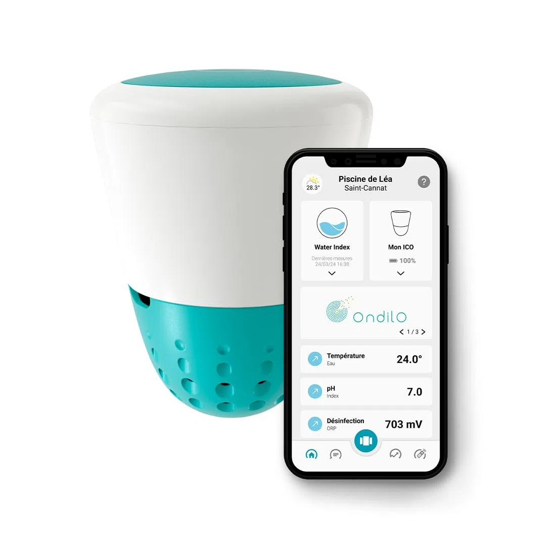 ICO Pool V2 Clore Brome - Analizzatore d'acqua per piscine trattate con cloro o bromo - Misurazioni pH, ORP, temperatura ogni ora - Raccomandazioni sul tuo smartphone