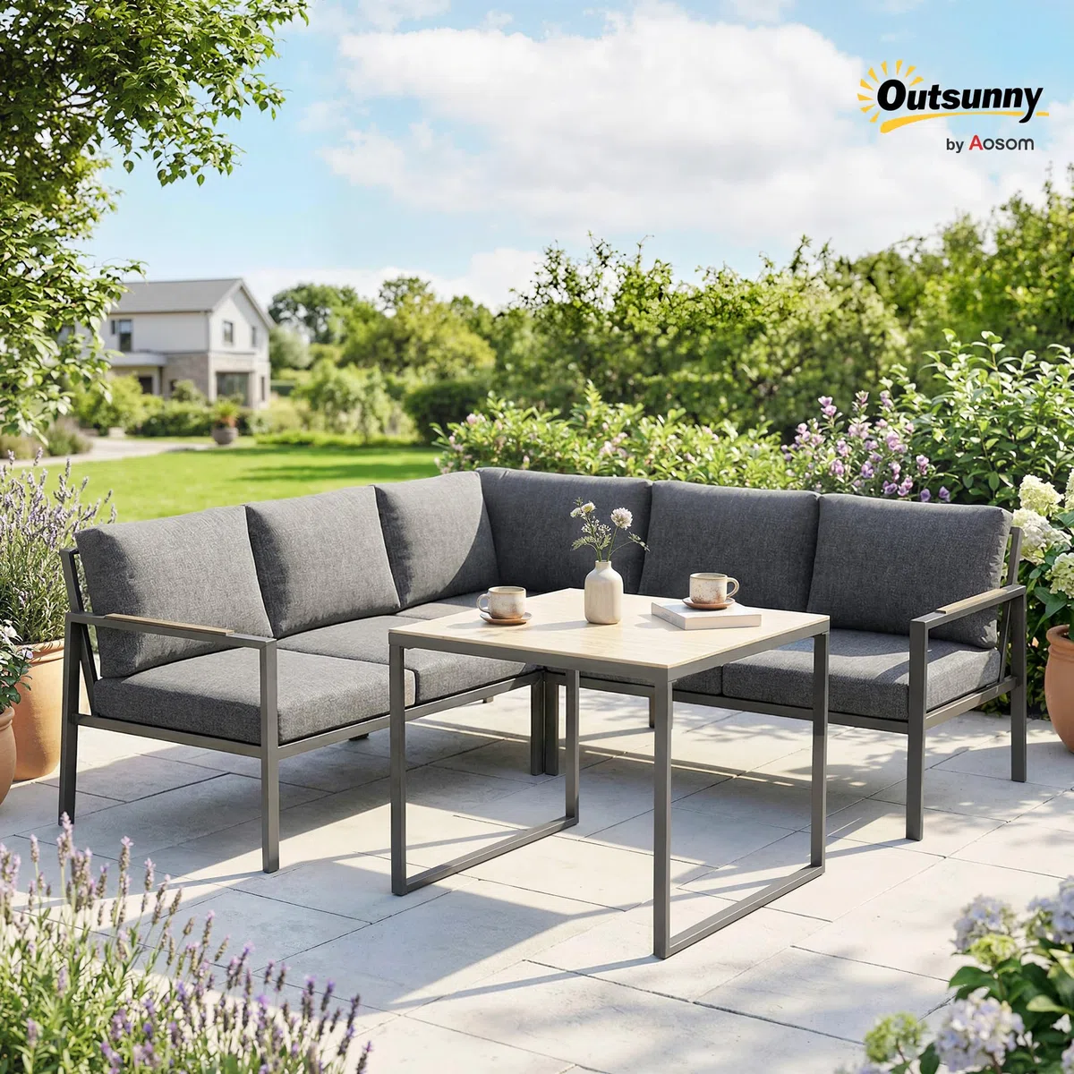 Outsunny Soggiorno da giardino esterno 3 Pezzi 5 per. 2 Divani Grigio Scuro | Cuscini rimovibili spessi, 1 tavolino da caffè con piano in vetro, set da divano esterno, per terrazza balcone