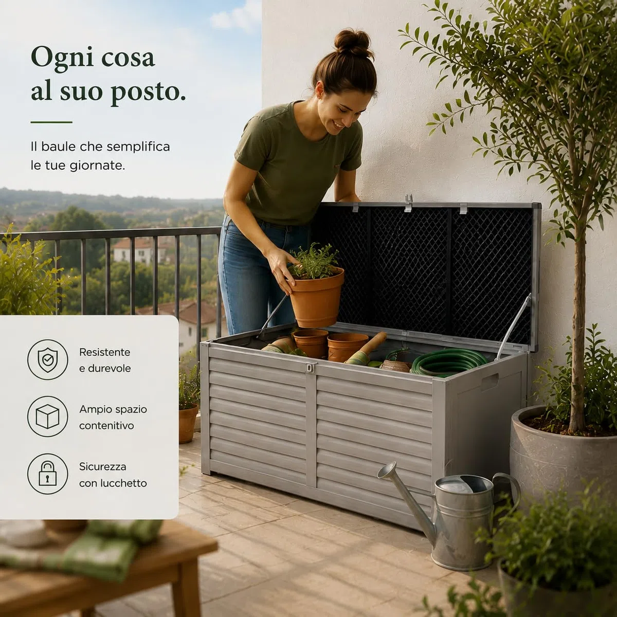 Baule Contenitore da Esterno In Resina 390 L | chiusura predisposta per lucchetto e apertura assistita, dimensioni 143.5x53.4x56.8 cm