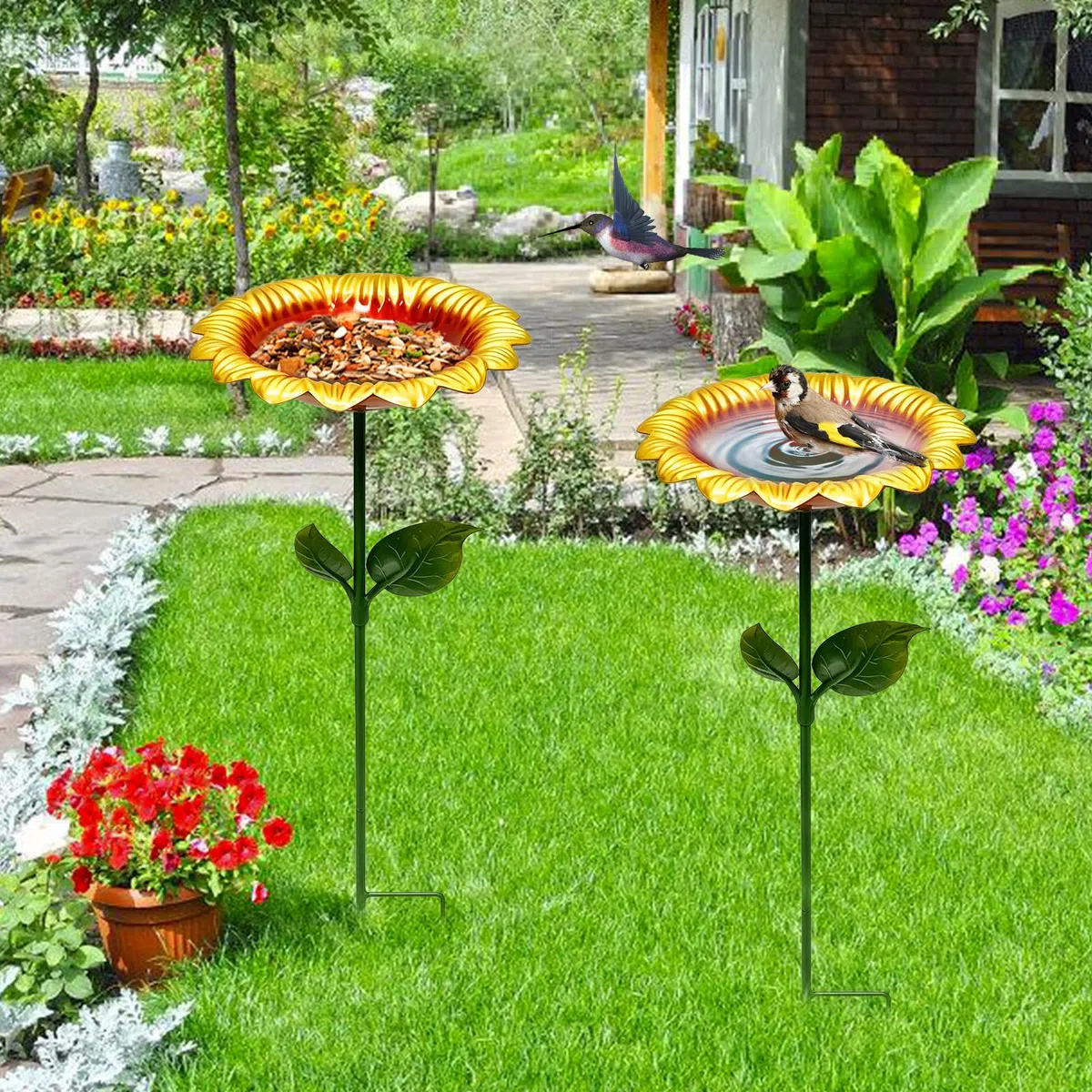 BORDEAG 2 abbeveratoio per uccelli da giardino, in piedi, in ferro, per uccelli, per esterni, design a girasole, per cortile, 20 x 20 x 64 cm