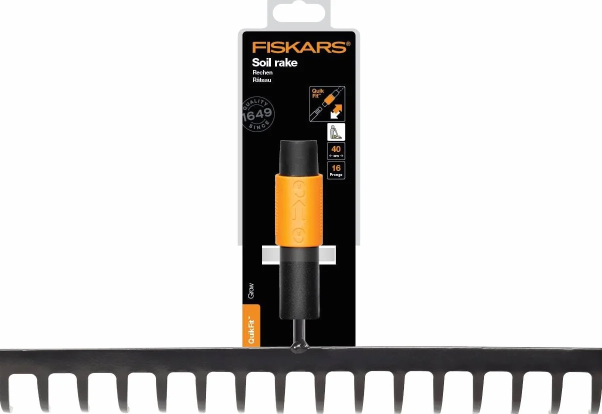 Fiskars Rastrello con 16 denti, Testa di attrezzo, Larghezza: 40 cm, Denti in acciaio temprato, Nero/Arancione, QuikFit, 1000654