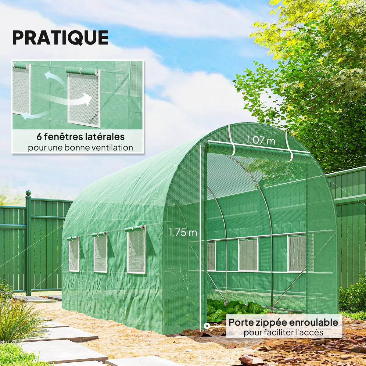 Outsunny Serra da giardino a tunnel, superficie del terreno, 7 m², 3,5 x 2 x 2 m, telaio tubolare rinforzato con cerniera, 6 finestre avvolgibili, colore: verde