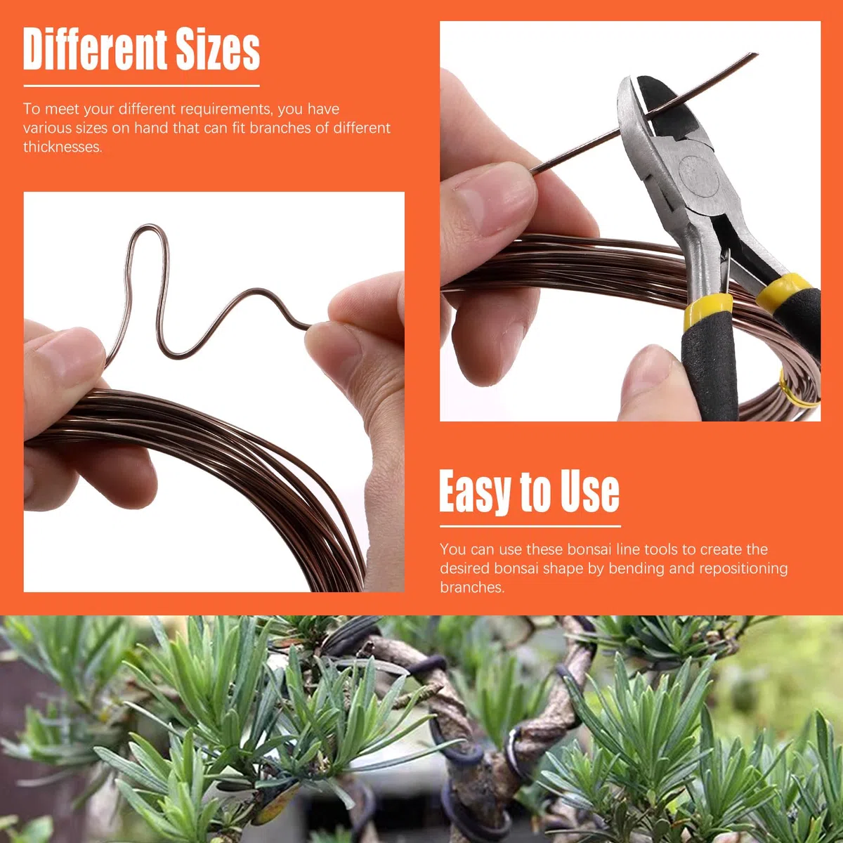 Tanstic Kit di 6 fili per bonsai da 0,8 mm, 1 mm, 1,5 mm, 2 mm, 3 mm, in alluminio, per bonsai in totale, con tronchese, per bonsai da interni (5 metri per ogni rotolo)