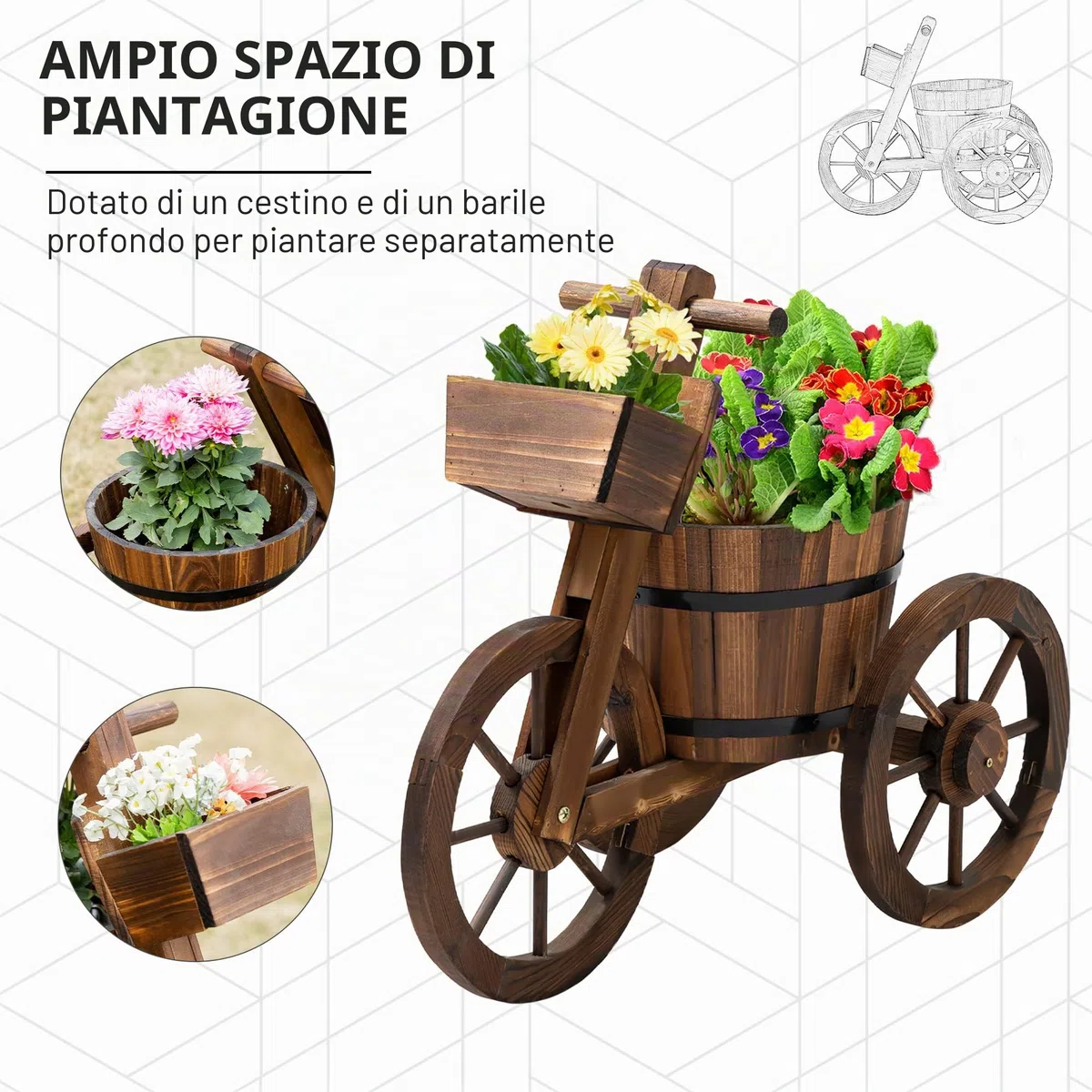 Outsunny Supporto per piante a tre ruote, scaffale per vasi di fiori, fioriera ABM. 52L x 31L x 45H cm - Legno di abete