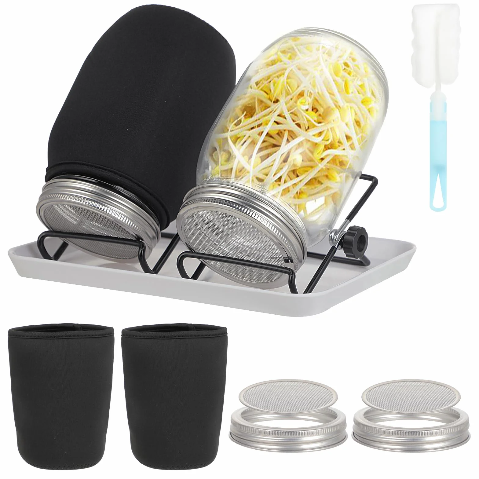 2 Pezzi Germogliatore - Vaso per Germogli 32oz - Materiale Vetro - Con Coperchio in Acciaio Inox, Supporto e Vassoio in Plastica - Per Coltivare Microgreens - Per Casa, Cucina, Giardino (Nero)