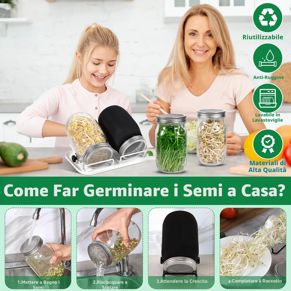 Barattolo Germogliatore Set,2 1000ml Germogliatore in Vetro, 2 Coperture, 2 Supporti e 1 Vassoio,2 Manicotti Oscuranti,1 Spazzola,Kit di Barattoli per Germogliamento di Semi per Broccoli Germ