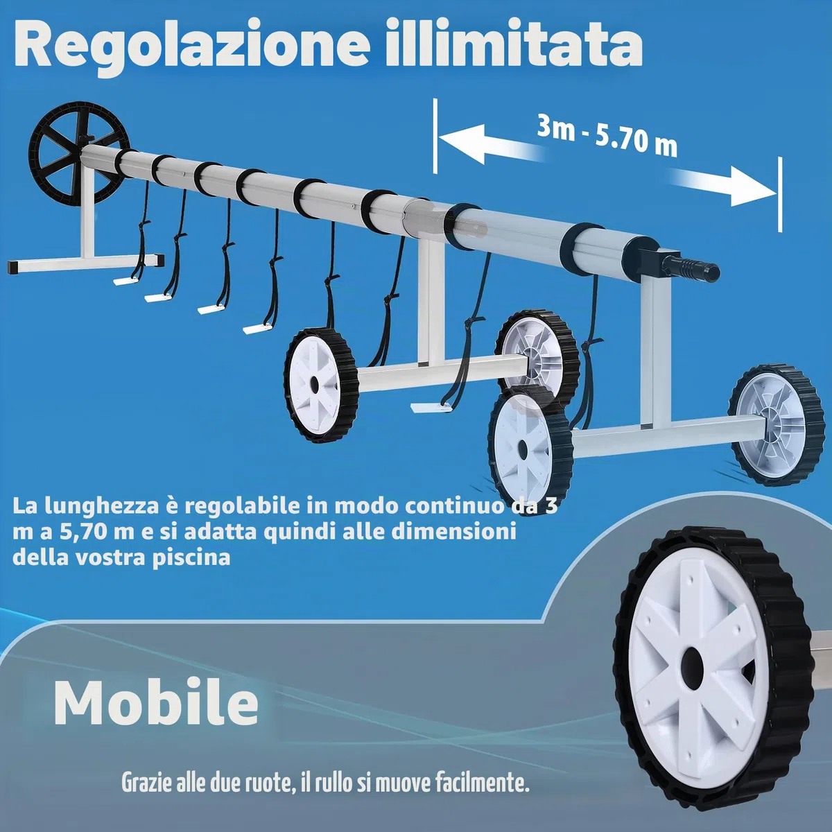 AufuN Avvolgitore per Piscina Premium 3 – 5,70 m, Sistema di avvolgimento Mobile per telone e Copertura, Materiale Resistente alle intemperie, con Fissaggio e Ruote