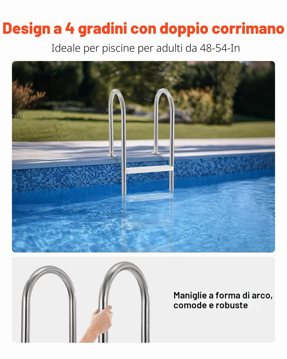 VEVOR Scaletta per Piscina 4 Gradini con Corrimano Doppio, Gradini Antiscivolo Resistenti, Scaletta Sicurezza per Piscina in Acciaio Inox, Capacità di Carico 120 kg per Piscine Interrate da 137 cm