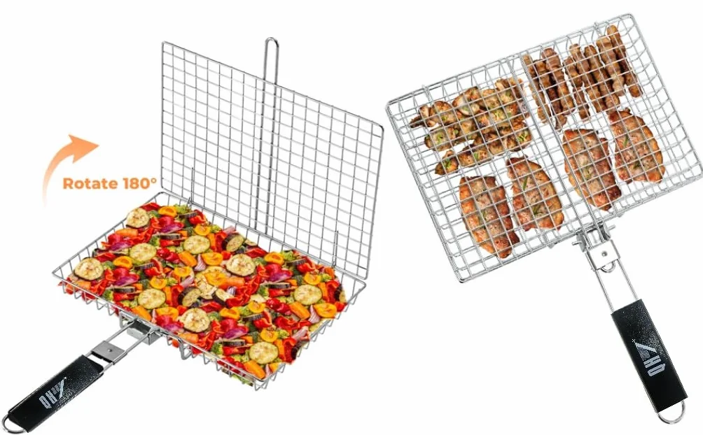 Cestino da cucina in acciaio inox per barbecue, pieghevole, portatile, con manico rimovibile, rete antiaderente per pesce, verdure, gamberetti