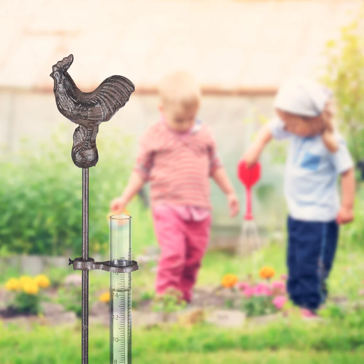 Relaxdays Pluviometro da Giardino con Bastone, con Gallo, con Paletto, 17 cm, 7 Pollici, Contenitore in Vetro, Bronzo