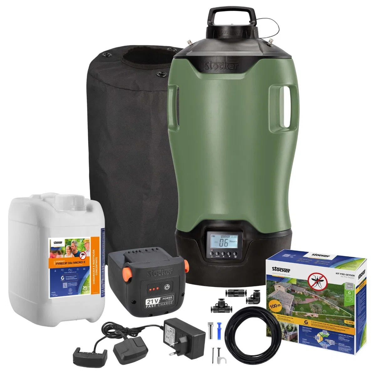 STOCKER - Geyser Nebulizzatore 25 L MI 21 V - Kit Completo Anti-Zanzare con Batteria Li-Ion 21V, Serbatoio 25L e 100 m di Tubo - Copertura fino a 400 mq - Sistema di Miscelazione Interna