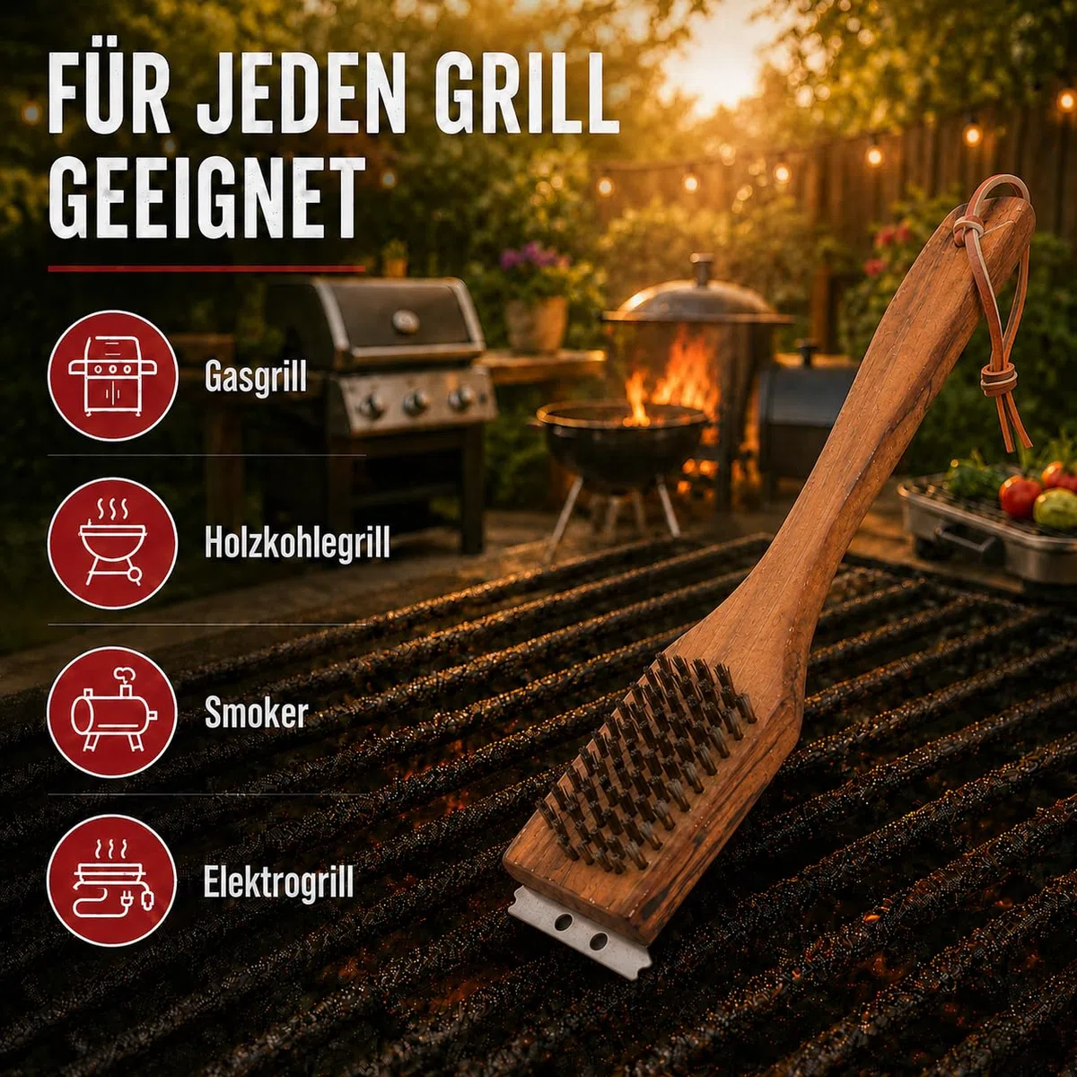 Kyto Spazzola per la pulizia del barbecue, manico in legno, 31 cm, accessorio per barbecue, spazzola in acciaio