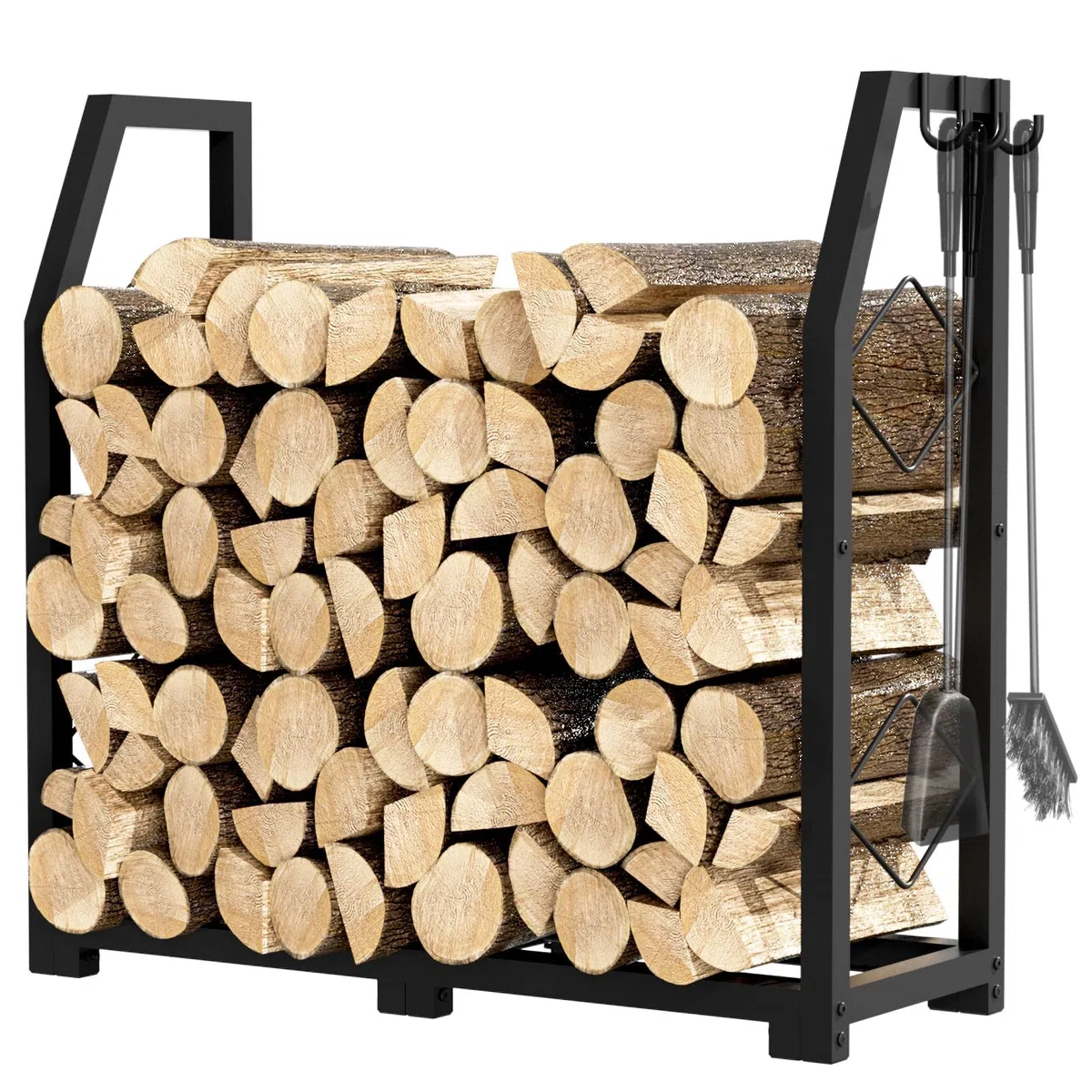 VyGrow Portalegna da ardere per esterni, supporto per legna da ardere con 3 ganci, in legno resistente, per interni ed esterni, patio, nero