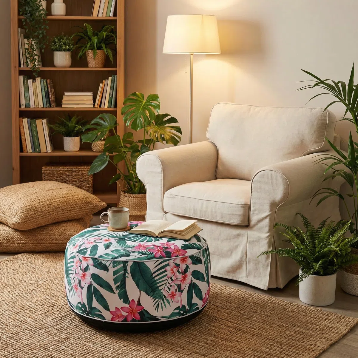 MIJOMA Pouf gonfiabile Ø 55 x 25 cm - Leaves with Flower - Poggiapiedi leggero per soggiorno e balcone - Impermeabile - Pouf e poggiapiedi
