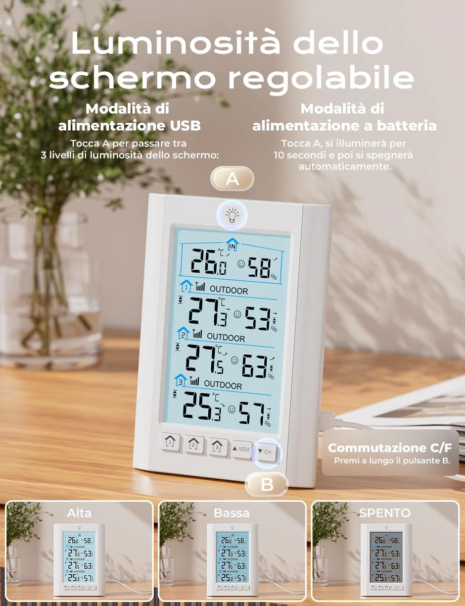 LIORQUE Stazione Meteo con Sensore Esterno, Stazione meteorologica con 3 Sensore Esterno,LCD, Retroilluminazione, Portata di Trasmissione Wireless 100 m, Adatto per Terrazze, Giardini, Cantine