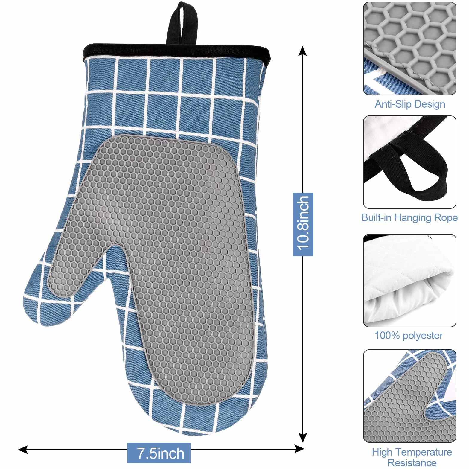 Guanti da Forno, Guanti da Forno in Silicone e Cotone, Antiscivolo Guanti Resistenti al Calore 1 Coppia, per Cucina, Barbecue, Grill (Blue)