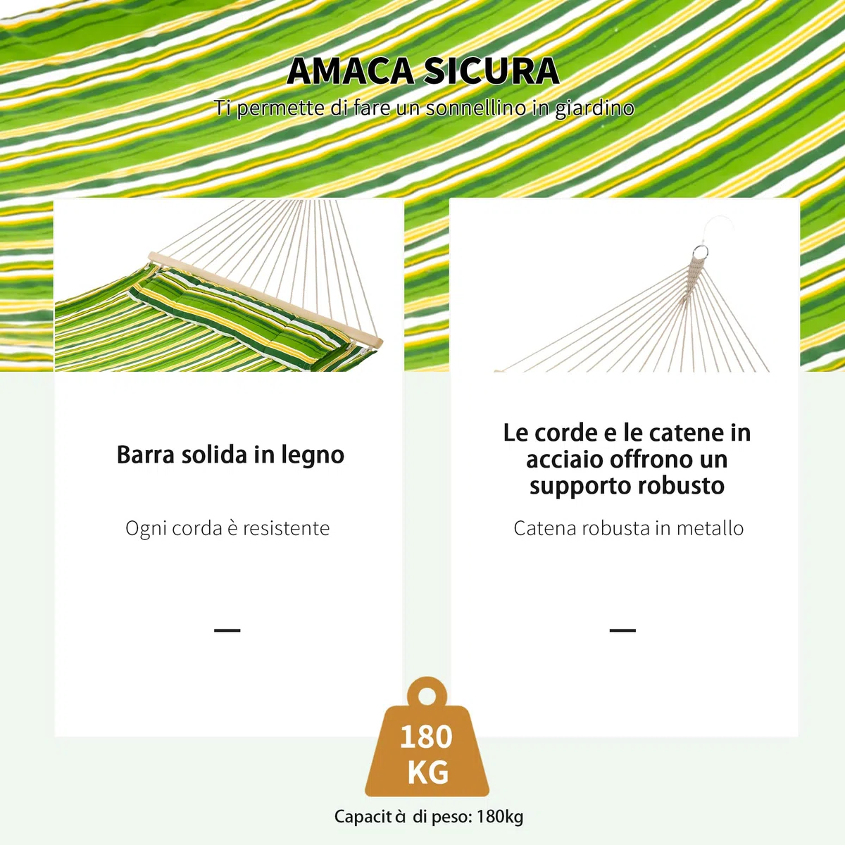 Outsunny Hammock Amaca da Giardino Doppia per 2 Persone, Dondolo Sospeso da Campeggio in Cotone e Poliestere con Cuscino 188x140cm