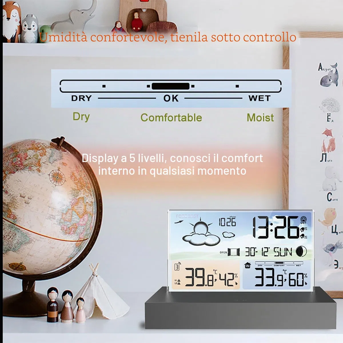 Stazione Meteorologica con Sensore Wireless Esterno, Stazione Meteorologica Digitale con Display LCD Wireless con Doppia Sveglia/Data/Temperatura/Umidità/Avviso/Barometrico/Previsioni Meteo Per Casa