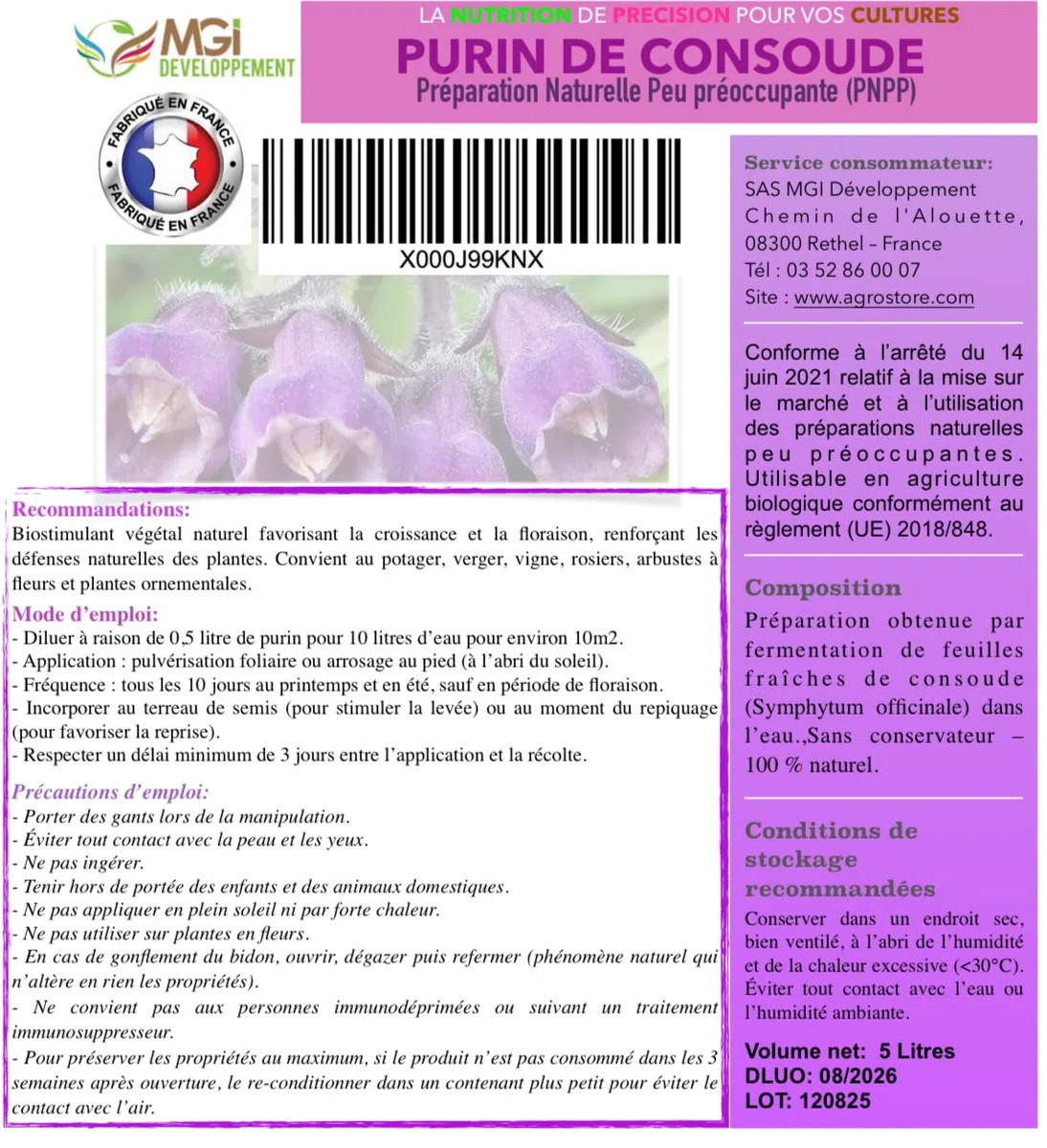 Set di 2 lattine da 5 l, purin de consolida – 100% naturale – PNPP utilizzabile in agricoltura biologica – tanica 5L per 100 l pronto all'uso per 100 m2 – Made in France – uso speciale