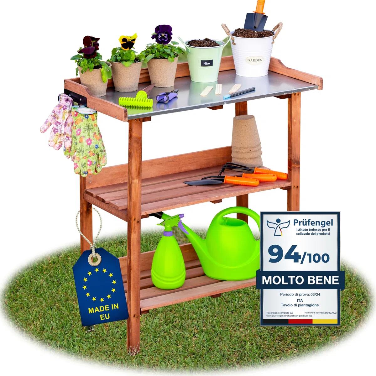 ITA Banco da giardinaggio - Tavolo da lavoro con piano in lamiera zincata - Resistente alle intemperie - Made in EU - Direttamente dal produttore - Certificato FSC - 76x38x89 cm Marrone