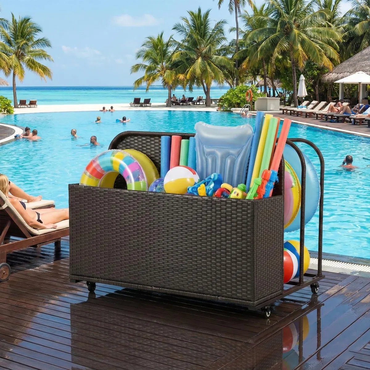 FDW Contenitore per galleggianti da piscina, con ruote, cestino in rattan sintetico, scomparti aperti per galleggianti, noodles, giubbotti di salvataggio, palline da spiaggia, attrezzature cuscini