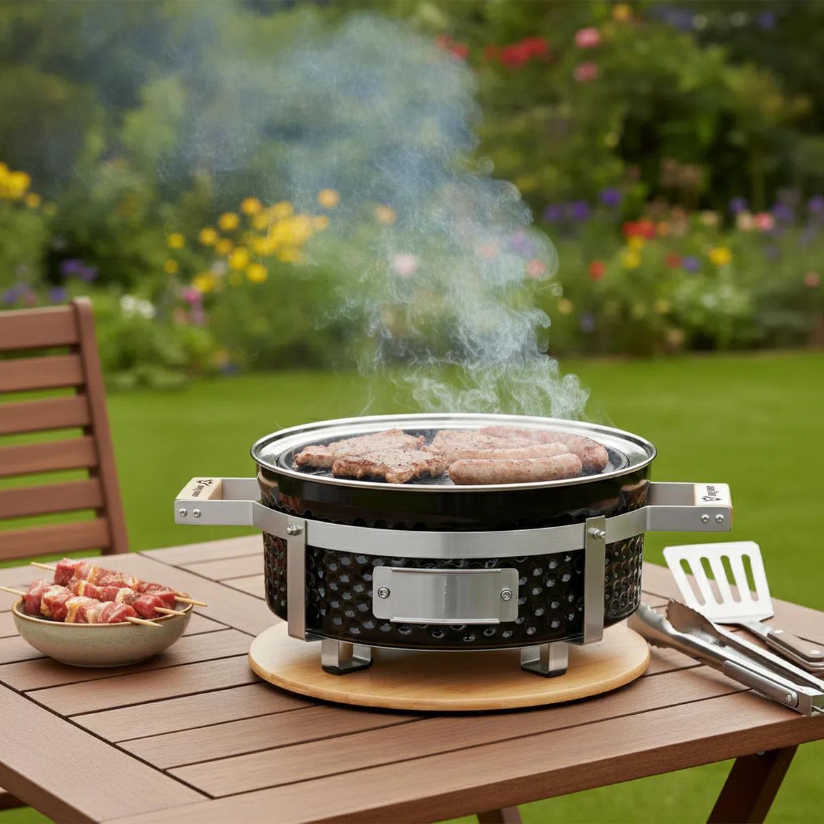 BBQ-Toro Barbecue da tavolo in ceramica, rotondo, diametro 29,5 cm, con base in legno, Hibachi, barbecue in ceramica, barbecue a carbonella, barbecue da tavolo senza elettricità, raclette giapponese