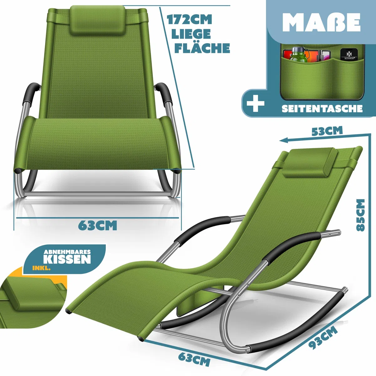 KESSER Lettino da giardino, sedia a sdraio, sedia a sdraio, sedia a dondolo, sedia a dondolo, ergonomica, cuscino resistente alle intemperie, carico di 150 kg, colore cachi