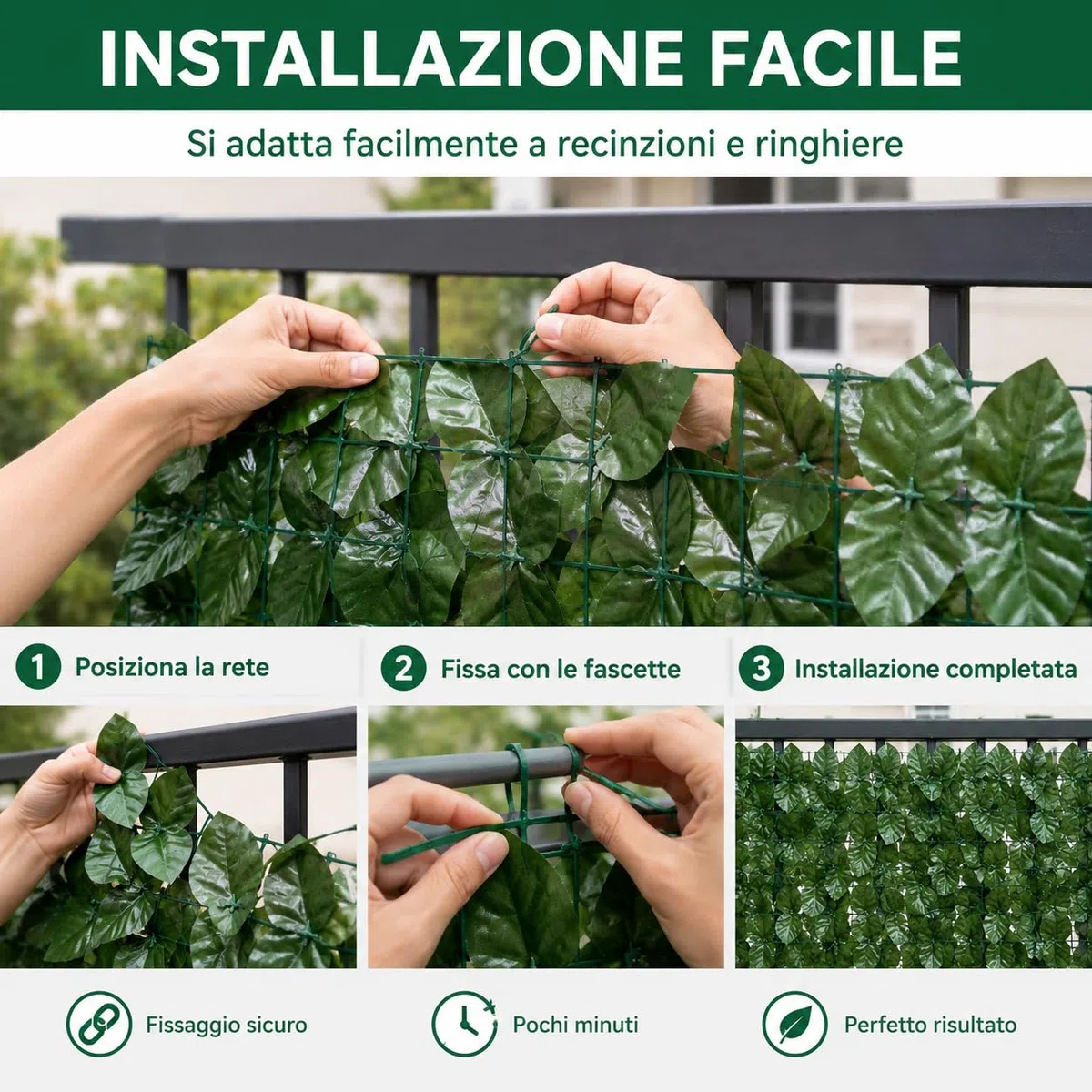 Siepe Artificiale 1x3 m, Siepe Finta Frangivista per Balcone e Giardino, Rete Privacy con Foglie di Edera Artificiali, Copri Ringhiera Decorativo per Recinzione Esterno, Verde