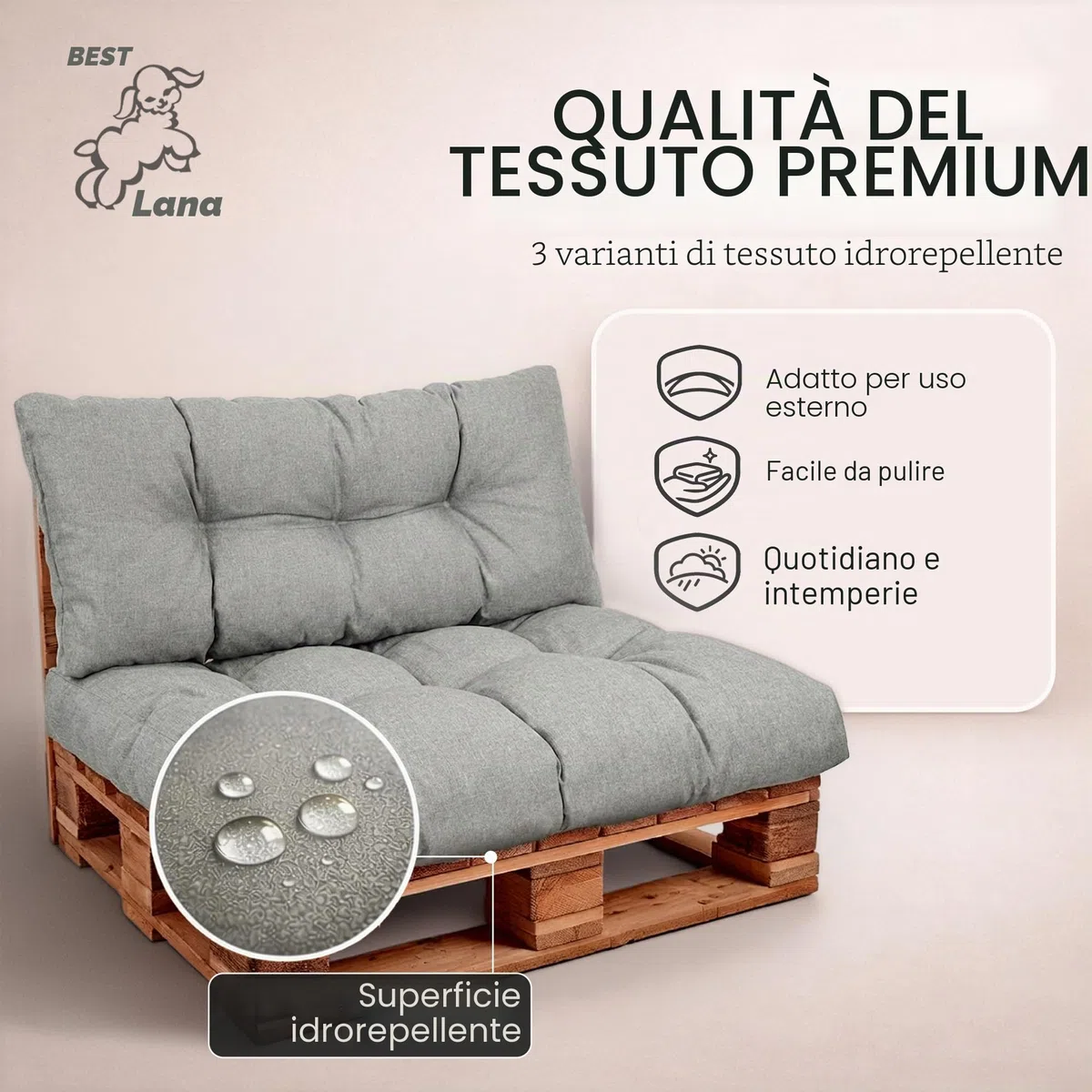 Set di Cuscini per Pallet – Cuscino D’assise per Pallet Europei – Imbottitura con Schiuma Granulare Poulirette – Include Cuscino D’assise 120x80cm + Schienale 120x40cm