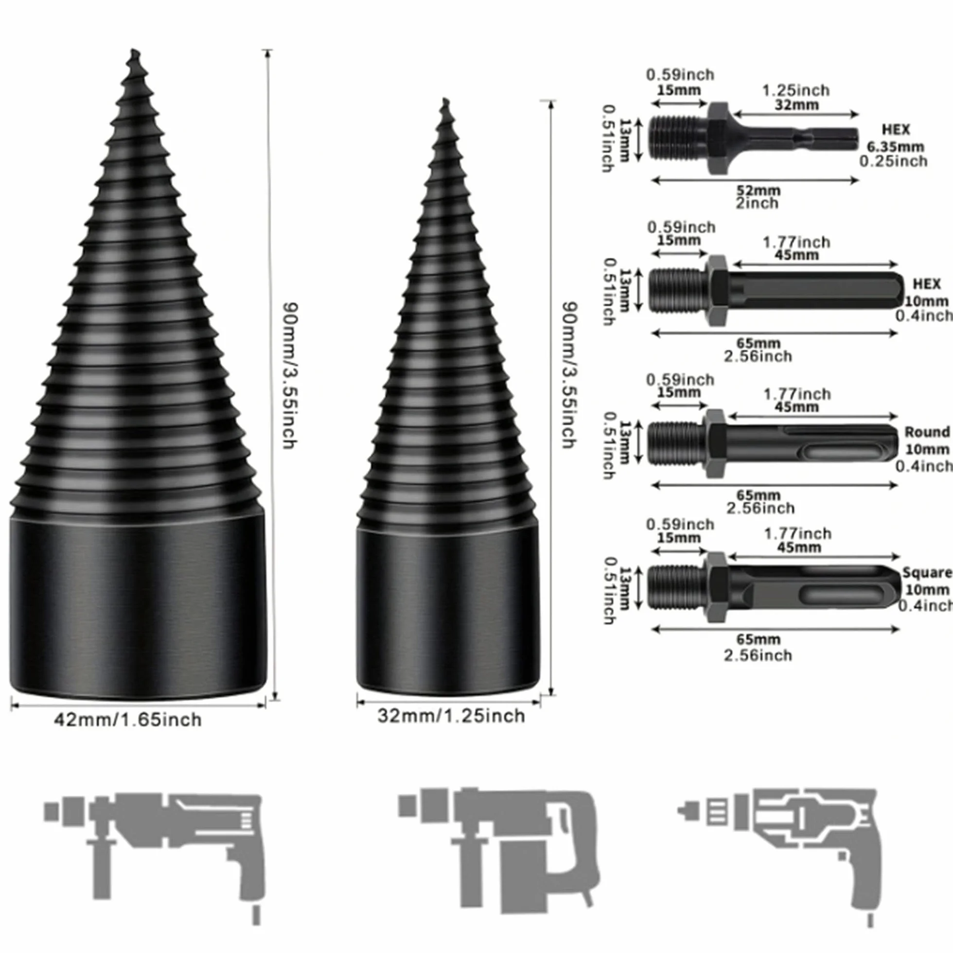 Set Di 2 Spaccalegna a Vite Coniche Con 4 Manici, Cono Spaccalegna ,42 Mm + 32 Mm, Trapano Per Legno Da Taglio Domestico, Per Martelli Elettrici e Trapani Ad Impatto