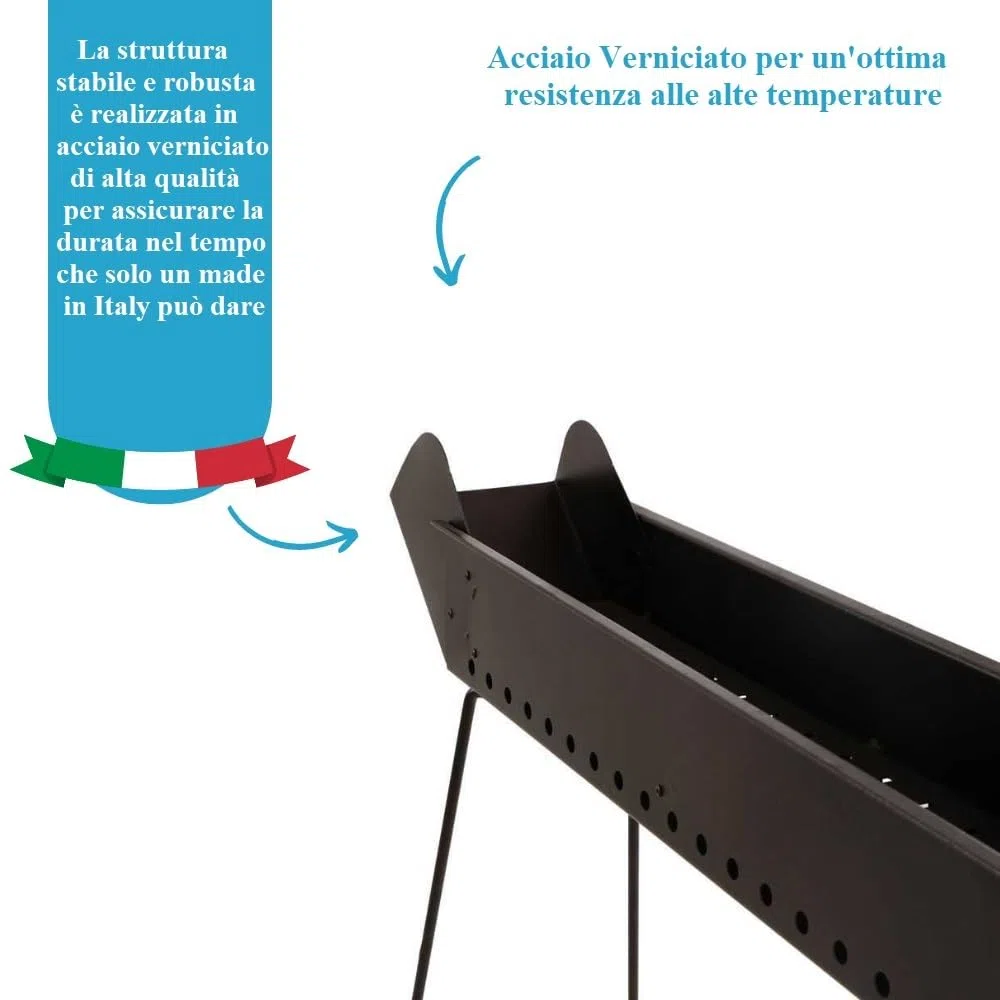 Paluplus Barbecue per Arrosticini in acciaio verniciato Nero, Misura 100x14x75 cm, Canaletta a 4 Gambe Pieghevoli, Fori di Ventilazione, Grill a carbone per Spiedini, Made in Italy -029