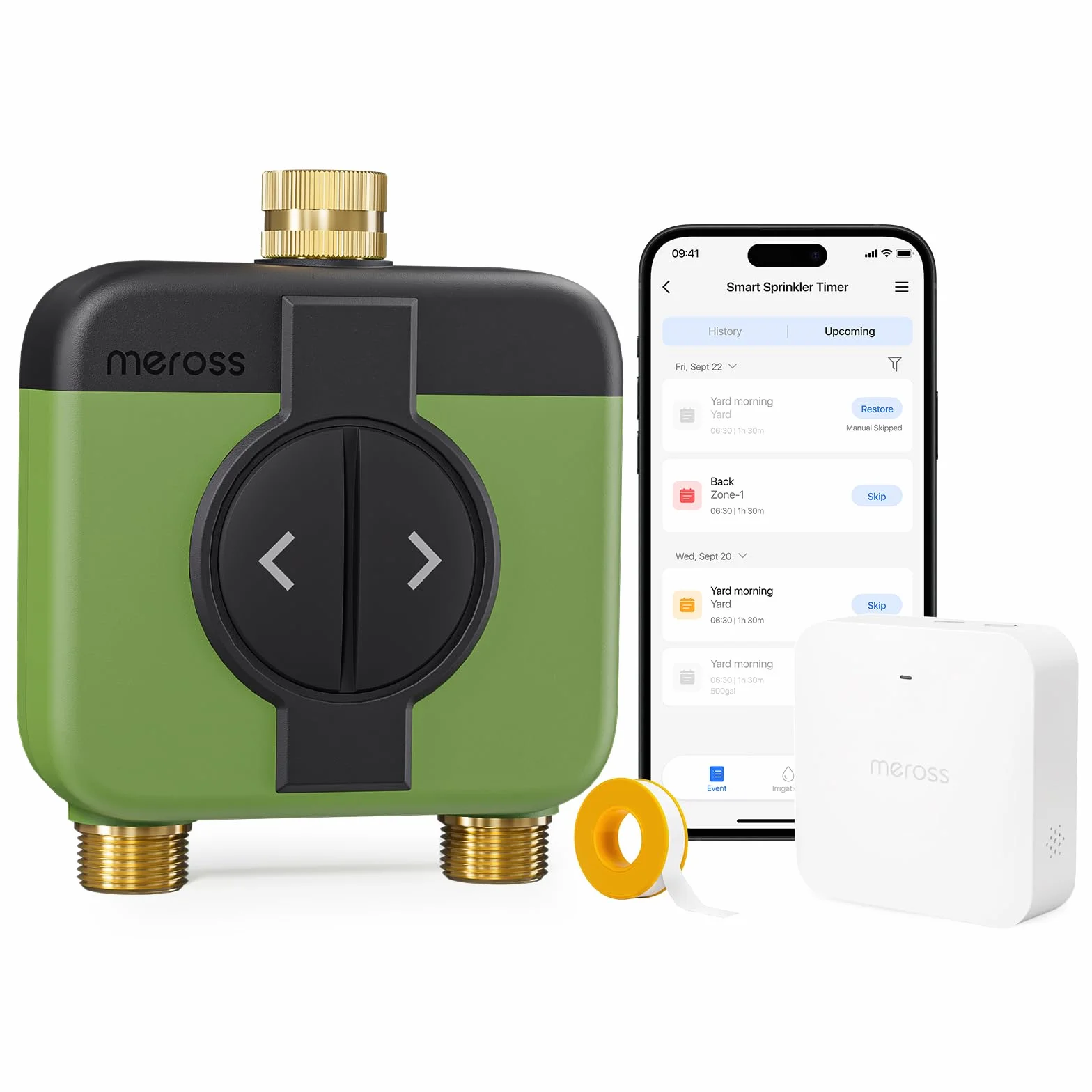 Meross Centralina Irrigazione WiFi 2 Vie MST200, Irrigazione Automatico & Controllo Remoto, Ritardo Pioggia & Monitoraggio Consumo Acqua, Compatibile con Apple Home, Alexa e Google Home, Verde, 2.4GHz