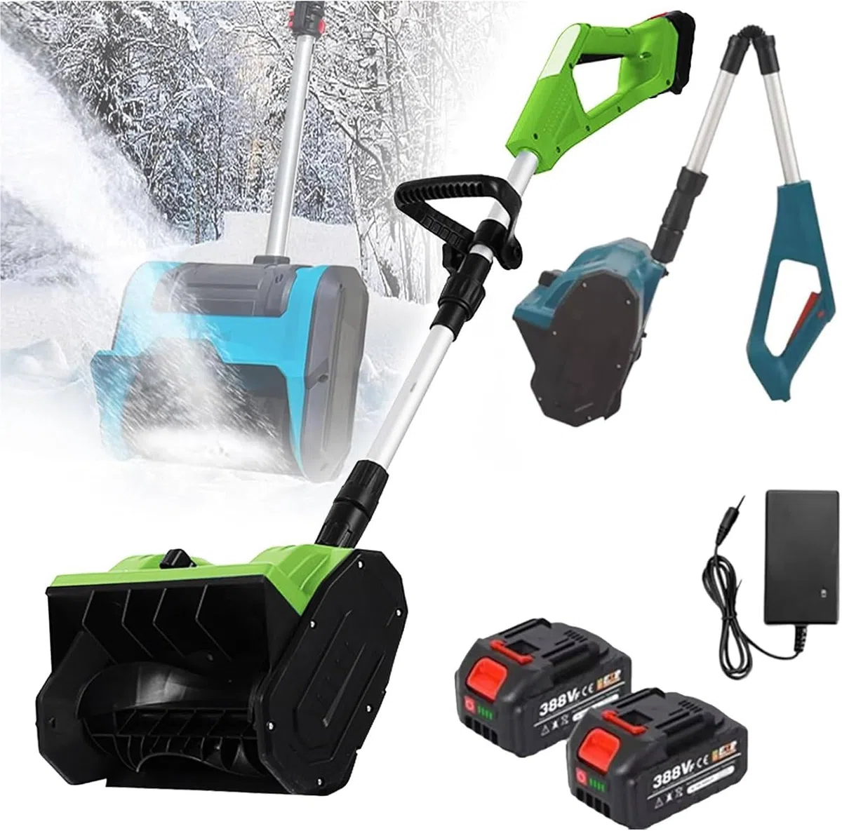 Pala da Neve elettrica Senza Fili, Larghezza 28 cm, spazzaneve a Batteria, con 2 batterie e Caricabatterie rapido, con Display Digitale,Green