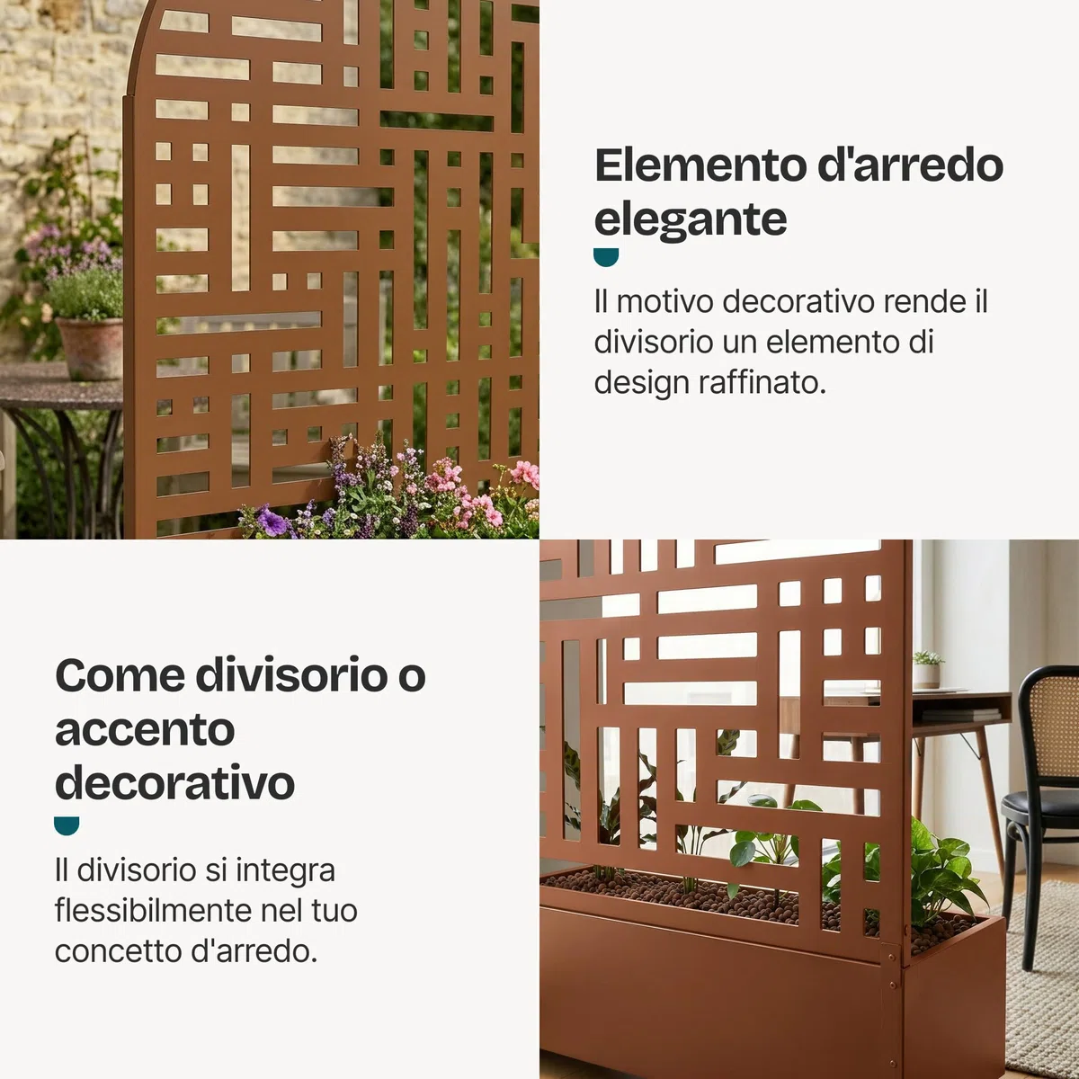 casa.pro Fioriera con Spalliera Arcuata in Acciaio 190x120x38 cm Marrone | Zincato Pannello Divisorio Decorativo Portapiante a Rotelle Separè Privacy Ruote da Interno Esterno Giardino Terrazza