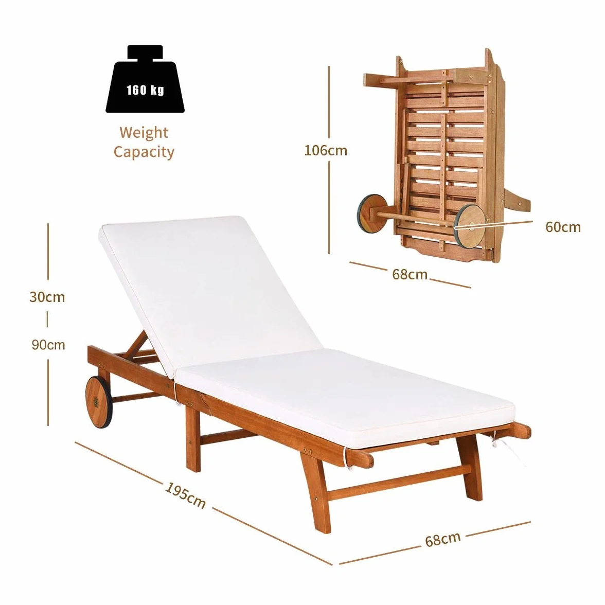 KOMFOTTEU Lettino Prendisole con Schienale Regolabile, Sedia Sdraio in Legno di Eucalipto, Sdraio dav Spiaggia con Cuscino e 2 Ruote, Portata fino a 160 kg, Natura e Beige, ‎195 x 68 x 30-90 cm (1)