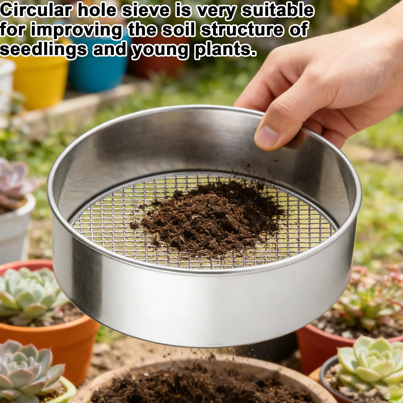 Colino da giardino rotondo 5 in 1 in acciaio inox, colino per compost multiuso, rotondo, per giardinaggio, 5 inserti intercambiabili (1/3/6/9/12 mm), con paletta in acciaio inox e tappetino giallo