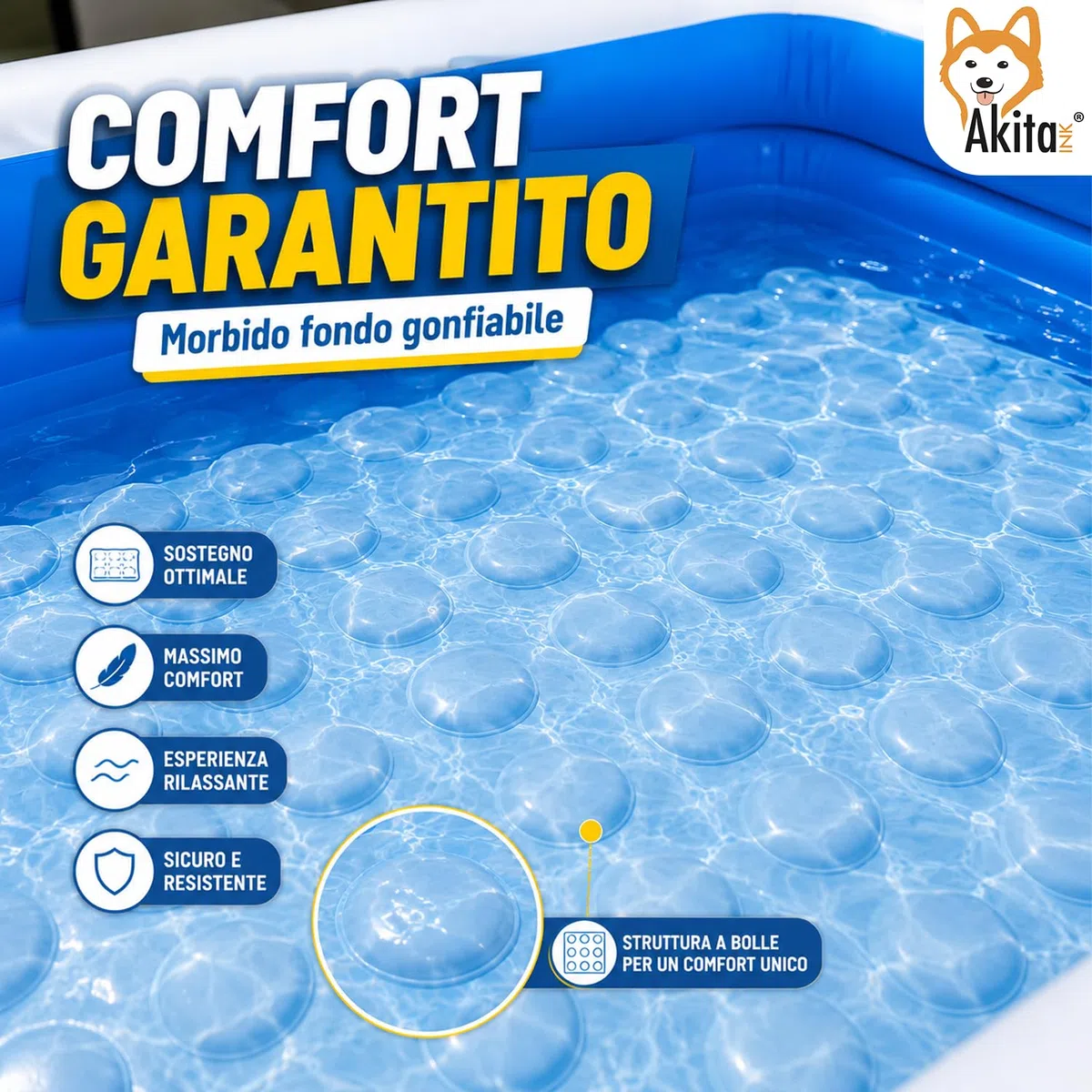 Akitaink Piscina Gonfiabile Rettangolare 200x150x50 cm con Cuscini e Fondo Gonfiabile in PVC Azzurro/Bianco per Bambini dai 3 Anni in Su