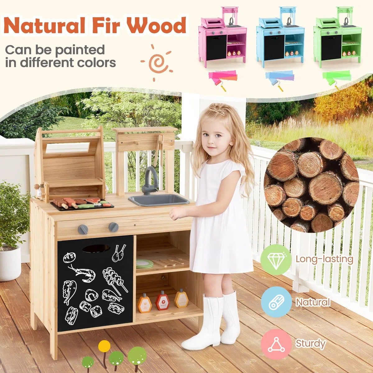 HOMASIS Cucina per Bambini da Esterno, Cucinetta da Gioco con Griglia, Lavagna e Lavello, Cucina Giocattolo con 27 Accessori per Bambini dai 3+ Anni in su, Naturale