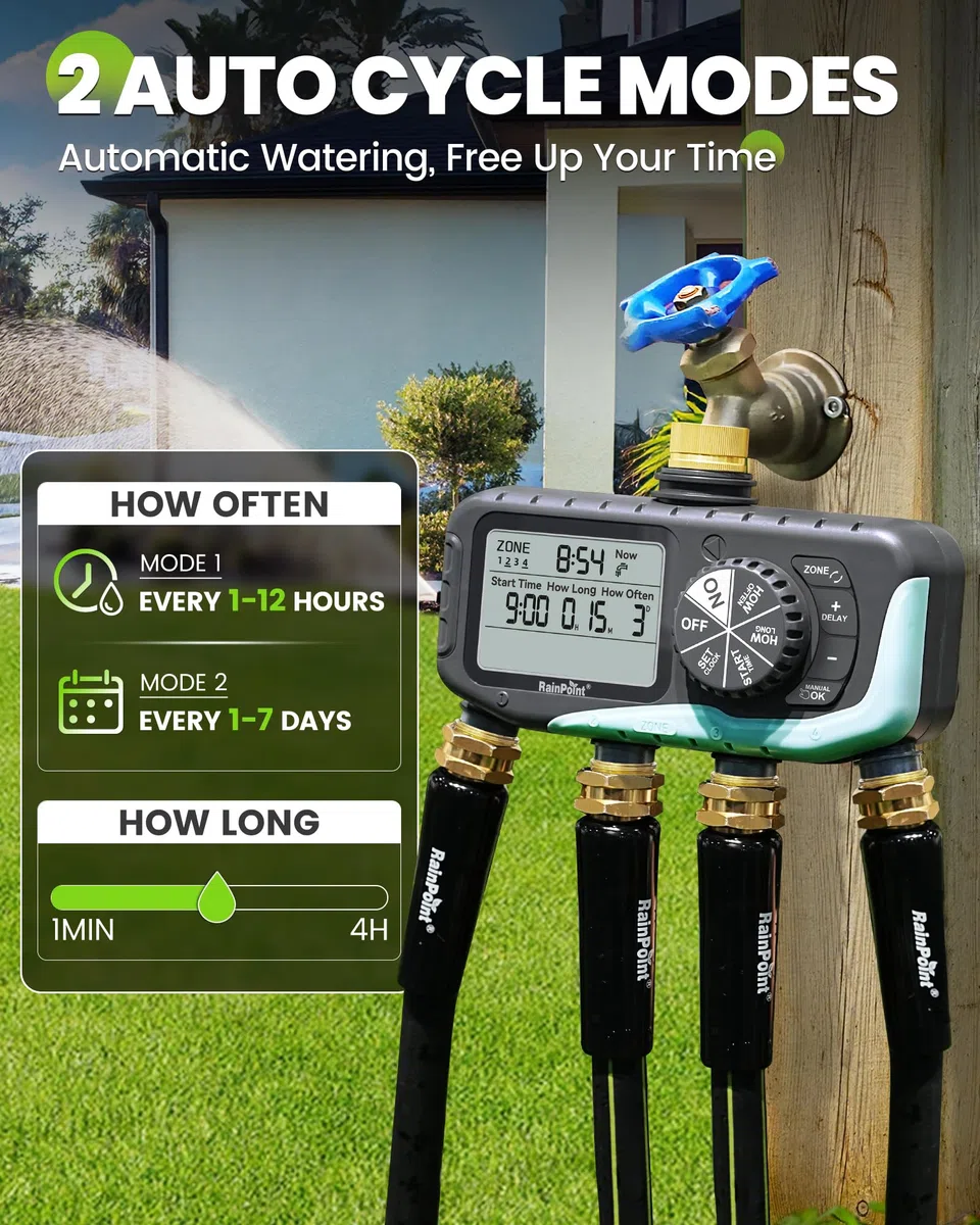 RAINPOINT Timer per irrigazione a 4 zone, programmabile, per tubo flessibile con ritardo della pioggia/sistema di irrigazione manuale/automatico, irrigazione digitale per cortile, prato