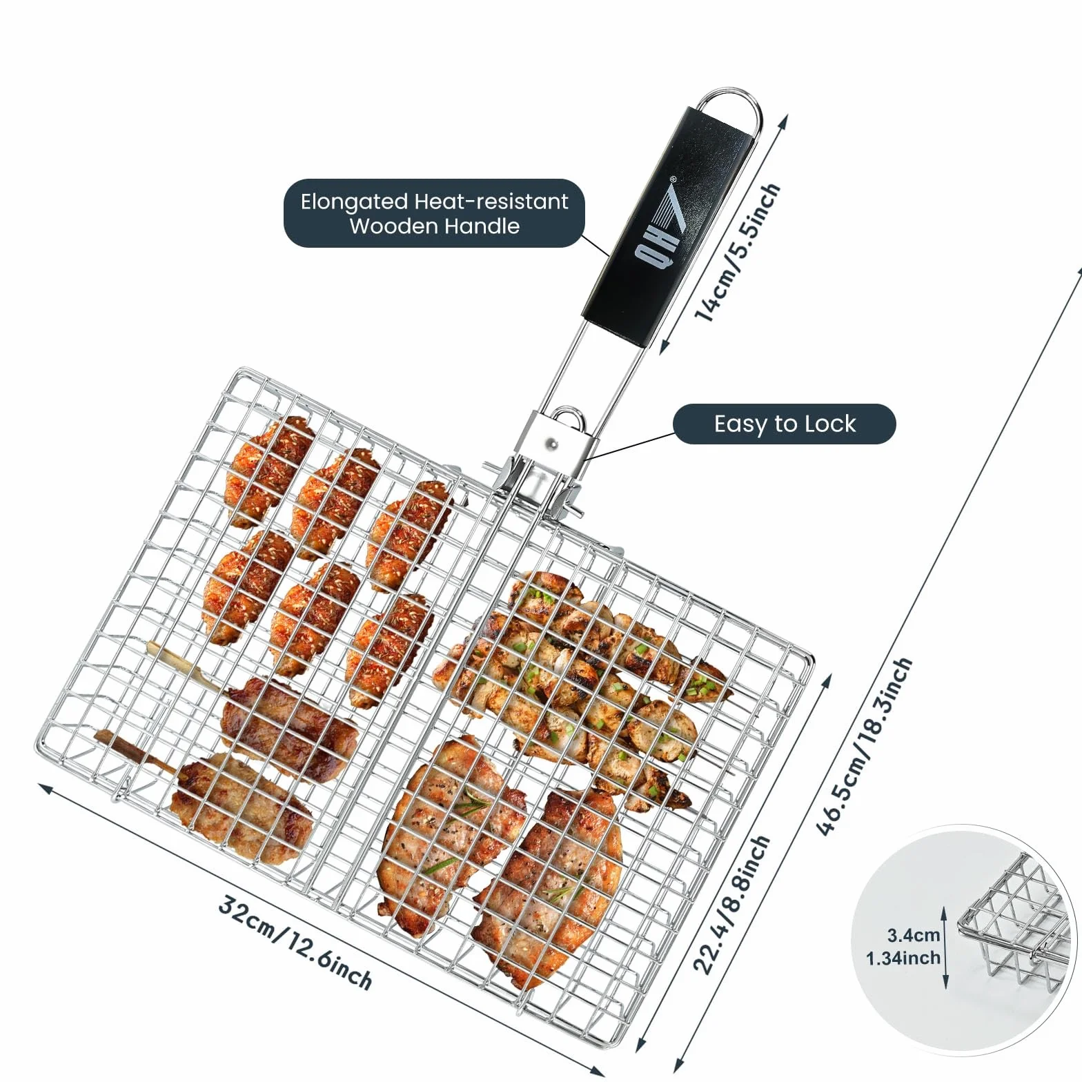Cestino da cucina in acciaio inox per barbecue, pieghevole, portatile, con manico rimovibile, rete antiaderente per pesce, verdure, gamberetti