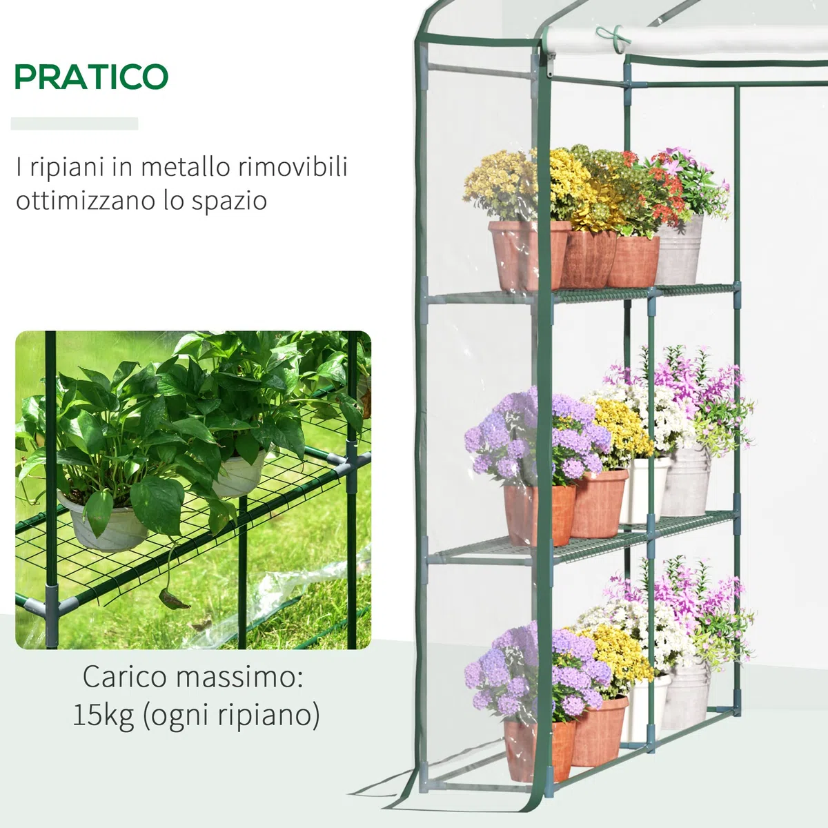Outsunny Serra da Giardino Esterno in PVC Trasparente, Serra da Balcone con Scaffali per Piante Orto 1.43 x 1.43 x 1.95m