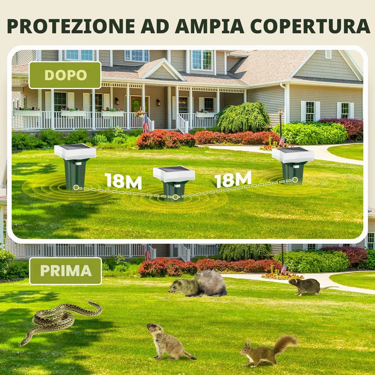 Dissuasori per Talpe, 3 Modalità di Vibrazione Scaccia Talpe con Luce LED, Solare e Impermeabile Dissuasori per Scoiattolo, Ratti e Serpenti, per Prati, Cortili e Giardini (4, Verde)