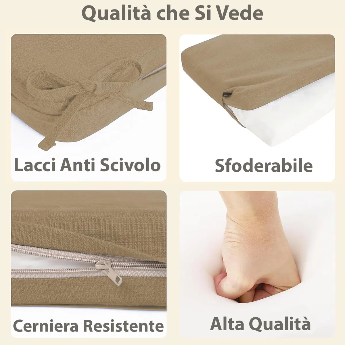 HAND Cuscino per Panca 120x40 cm - Interno ed Esterno - Seduta Imbottita, Morbida e Resistente - Per Giardino, Patio, Cucina - Prodotto in Italia (Tortora)