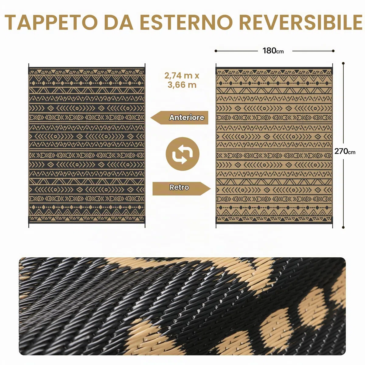 Genimo Tappeto da Esterno Impermeabile Eeversibile Lavabile Plastica, Terrazza, Giardino, Camper, Picnic, Balcone, Boho Nero Marrone, 275x365 cm