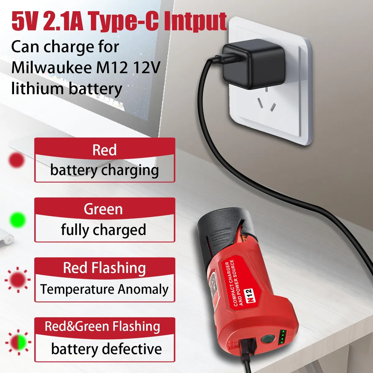 Adattatore Milwaukee per batteria 12 V, ingresso C, uscita USB e DC 12 V per guaina riscaldante, ricambio 48-59-1201 49-24-2310