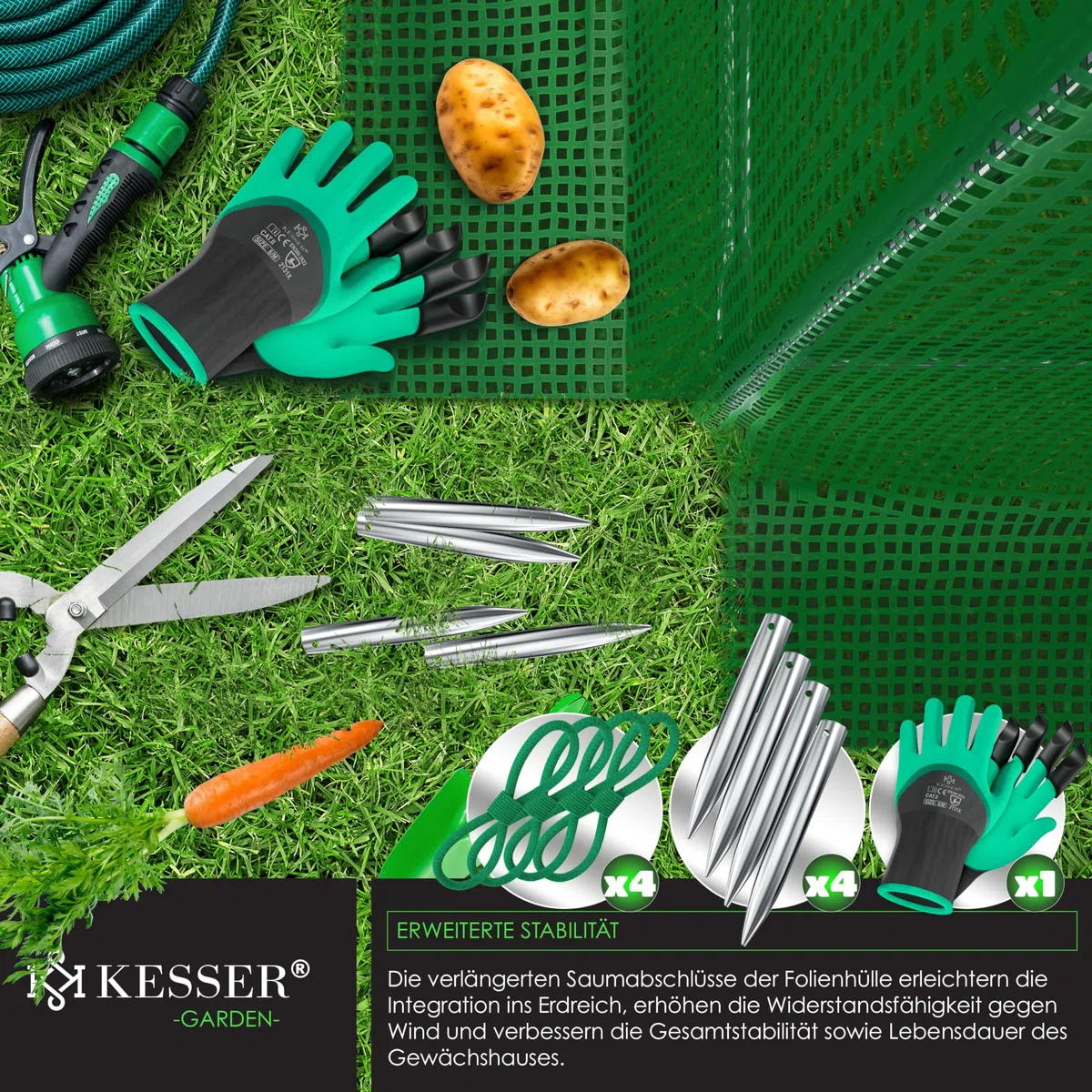 KESSER® Serra stabile con 12 finestre con zanzariera e porta, tunnel da giardino con telaio in acciaio zincato, 170 g/m², con guanti e corde, 600 x 300 cm, verde