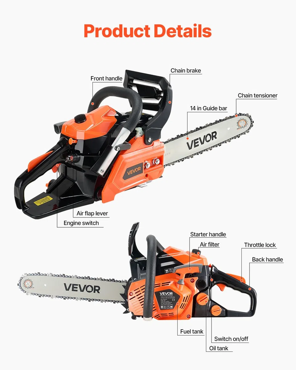 VEVOR Motosega a Gas da 40 cc Motosega a Scoppio da 355 mm 1,8 CV con Impugnatura Antiscivolo, con Doppio Serbatoio, per Taglio del Legno, Potatura degli Alberi e Disboscamento, Arancione Nero